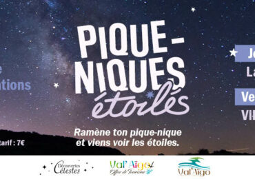 Affiche "Piques-niques étoilés" sur fond de ciel étoilé nocturne avec la Voie lactée. Texte : observation au télescope, découverte des constellations, jeudi 30 juillet à Layrac-sur-Tarn et vendredi 14 août à Villemur-sur-Tarn. Réservation auprès de l'Office de Tourisme, tarif 7€. Logos Découvertes Célestes, Val'Aïgo Office de Tourisme et Val'Aïgo.